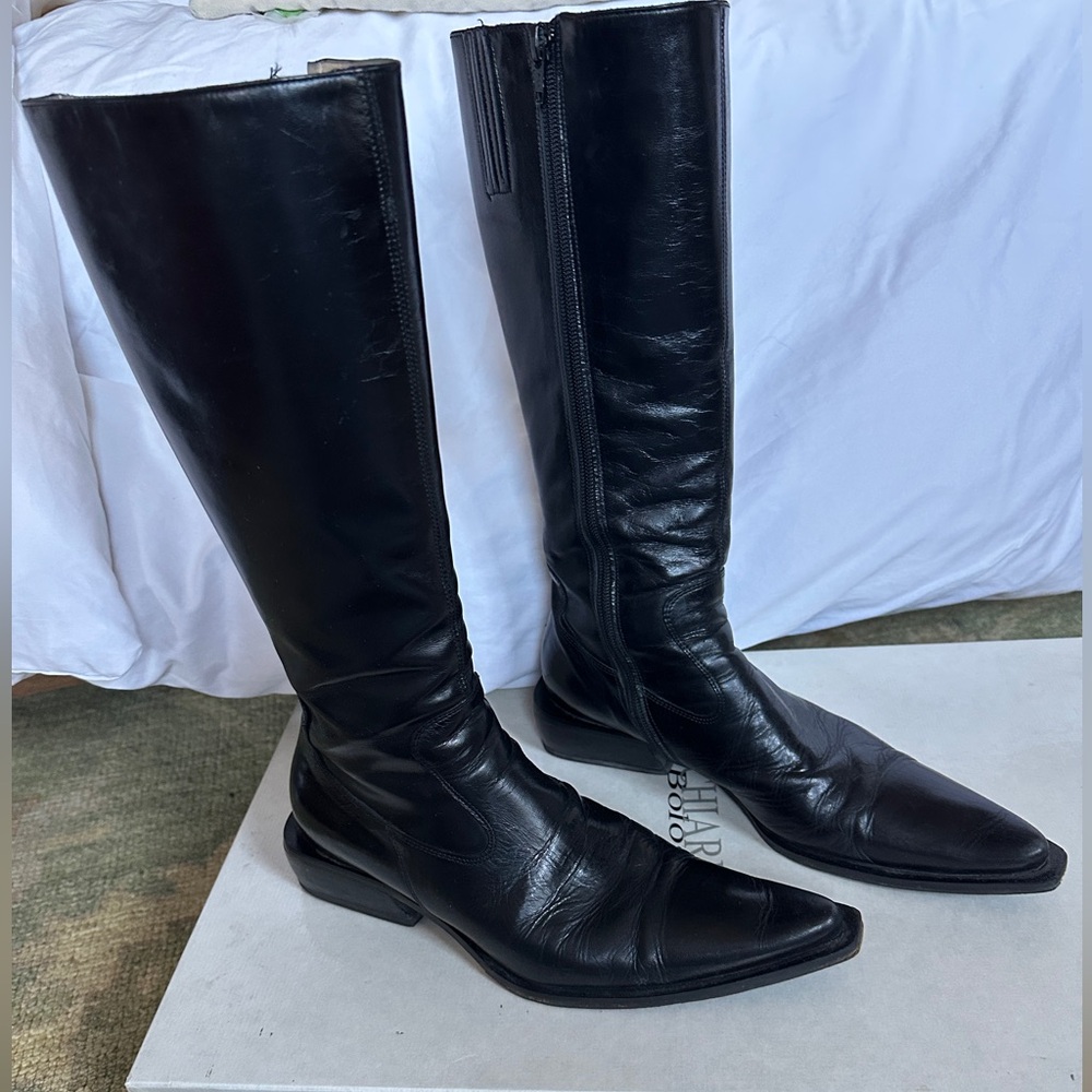Black Over the Knee Boots with Pointed Toe and Glossy Finish